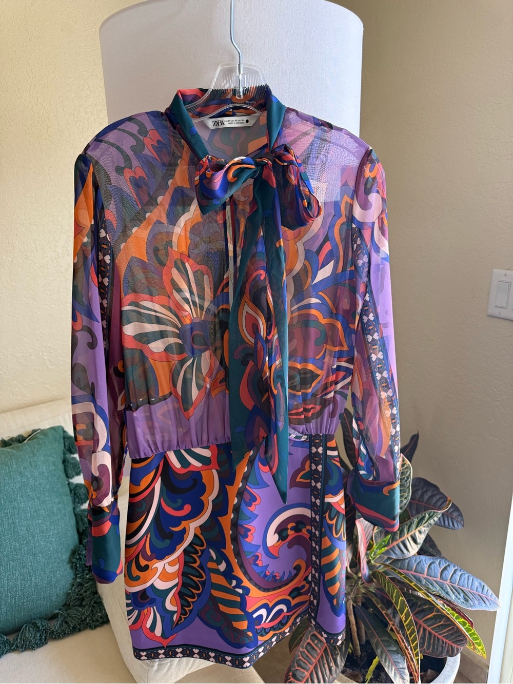 Zara Paisley Tie-Neck Blouse — Purple, Orange & Teal Print